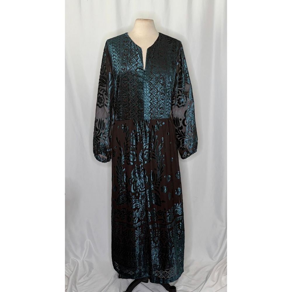 SOFT SURROUNDINGS Floral Velvet Dimora Maxi Dress Teal Brown Burnout X-Large - Picture 3 of 11